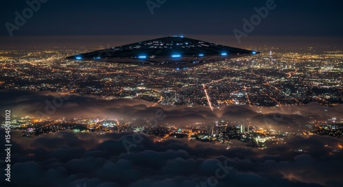 Night city, UFO hovering above clouds