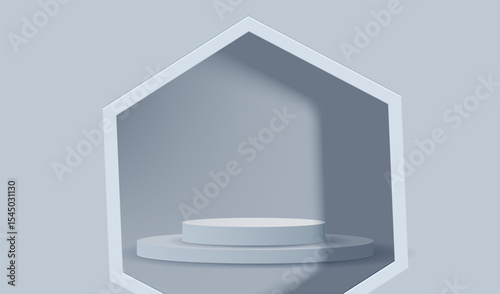 Podium for display inside hexagon window. White and grey background with shadow. Empty room studio texture. Mock up vector design.