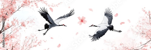 Elegant White Scene Featuring Flying Cranes and Delicate Pink Cherry Blossoms Artwork