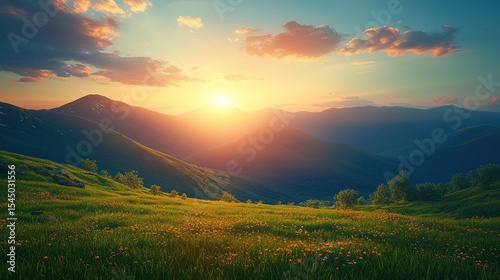 Fototapeta Naklejka Na Ścianę i Meble -  Mountain meadow at sunset. Lush green valley with wildflowers, golden sun setting behind distant peaks