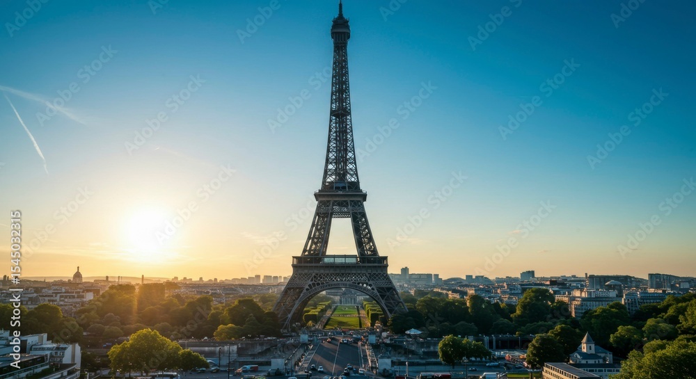 Obraz premium Majestic iron tower at sunrise, surrounded by cityscape and lush greenery