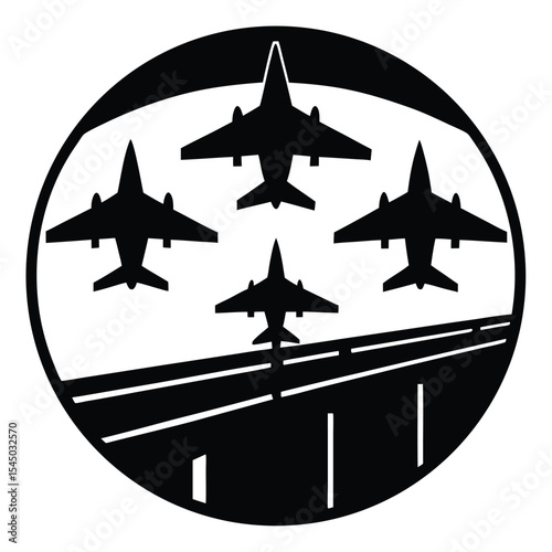 Four fighter jets flying over highway in circle