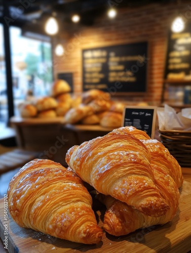 Golden Croissants at a Cozy Bakery Display Delicious Pastries and Wooden Surfaces