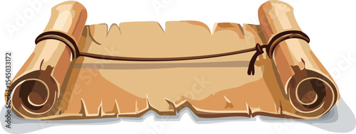 A crumpled parchment scroll tied with a leather strap, placed on a clean white surface. The texture of the paper is rough and fibrous, with slightly burned edges for an aged appearance