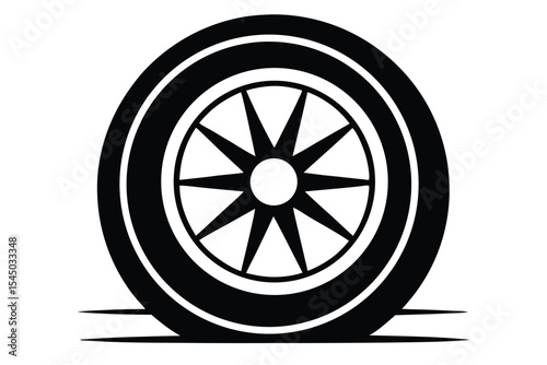Black and White Car Tire Illustration with Eight Spokes on a Wheel Design