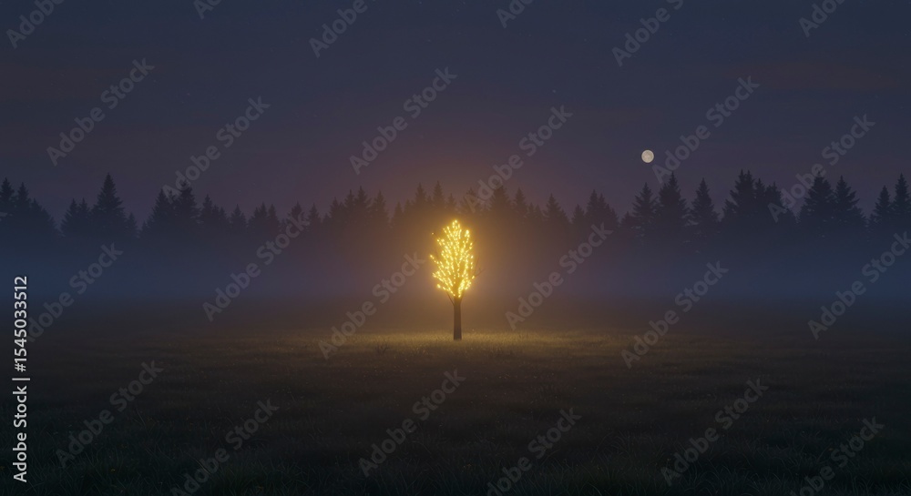 Obraz premium Illuminated tree at night, foggy forest