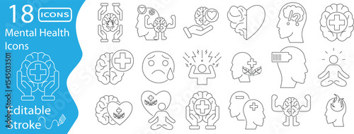 Mental Health Icon Set - 18 Editable Stroke Line Icons Representing Brain, Wellness, Therapy, Stress, Support, Anxiety, Meditation, and Emotional Wellbeing Symbols