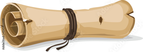 A crumpled parchment scroll tied with a leather strap, placed on a clean white surface. The texture of the paper is rough and fibrous, with slightly burned edges for an aged appearance