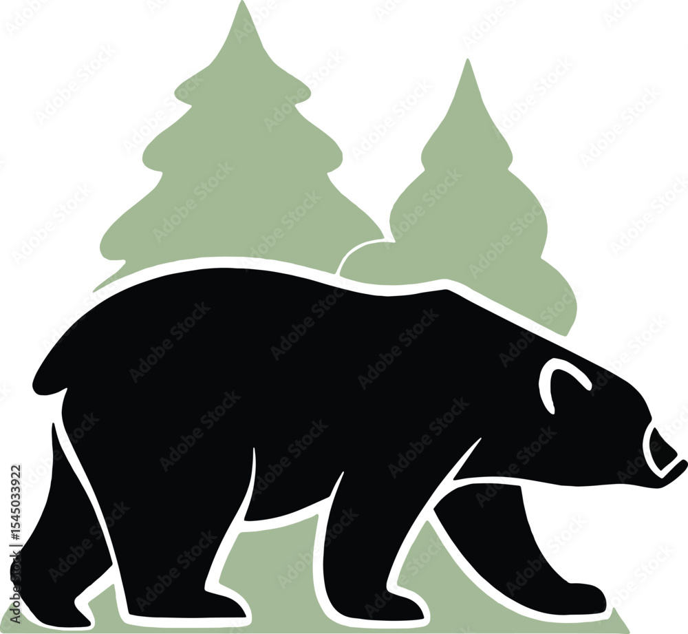 Fototapeta premium Vector illustration of a bear walking with trees in the background. Perfect for wilderness logos, outdoor brand identity, camping graphics, and forest adventure designs.