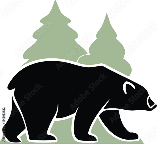Vector illustration of a bear walking with trees in the background. Perfect for wilderness logos, outdoor brand identity, camping graphics, and forest adventure designs.