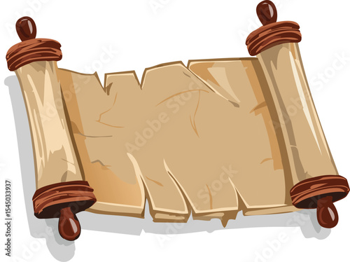 A crumpled parchment scroll tied with a leather strap, placed on a clean white surface. The texture of the paper is rough and fibrous, with slightly burned edges for an aged appearance