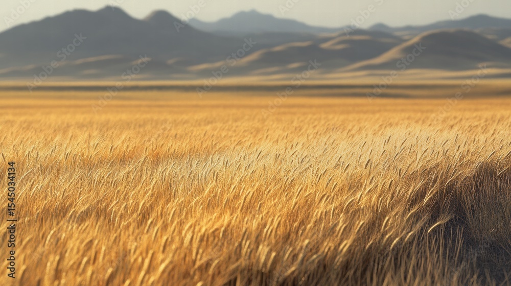 Obraz premium Golden Wheat Field Under Warm Sunlight Serene Landscape Mountains