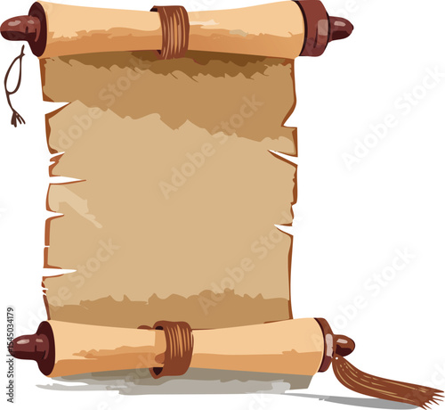 A crumpled parchment scroll tied with a leather strap, placed on a clean white surface. The texture of the paper is rough and fibrous, with slightly burned edges for an aged appearance