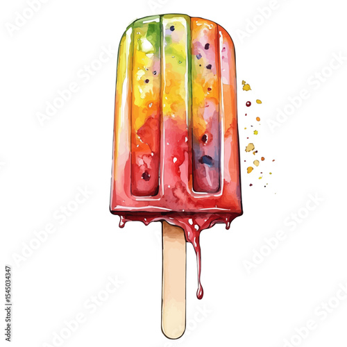 Juicy Fruit Popsicle Melting, watercolor painting vector, isolated on a white background.