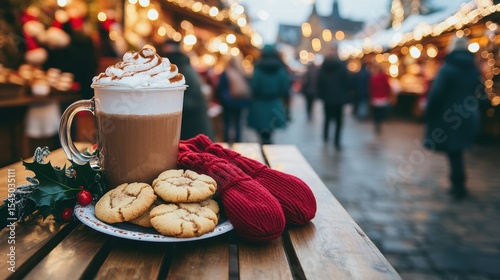 Hot Chocolate and Cookies at Christmas Market Warm Winter Scene Christmas Beverage