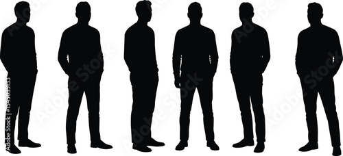 Silhouette of Diverse Young Adult Men Standing Confidently, Front, Side and Back Views, Isolated for Design Projects, Business, Lifestyle and Marketing Graphics, Teamwork Concept