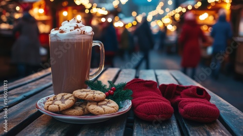 Cozy Winter Scene with Hot Chocolate Cookies and Knit Socks at Christmas Market