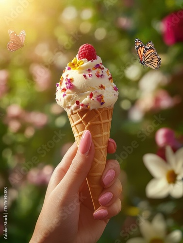 Hand Holding Ice Cream Cone Topped with Raspberry and Edible Flowers Summer Delight