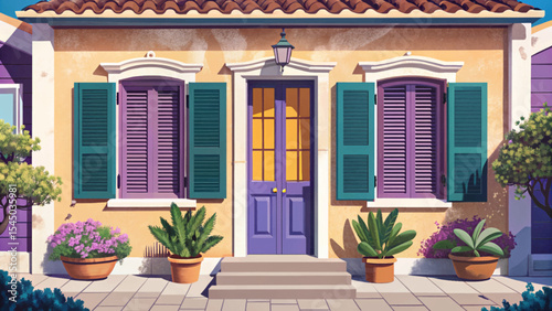 colorful Mediterranean house facade with vibrant walls and wooden shutters vector perfect for travel themes, architecture, or cultural design projects