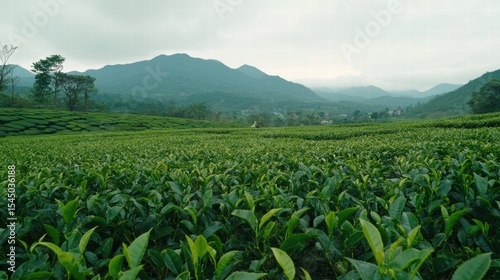Lush Green Tea Plantation with Mountain Backdrop Landscape Photography