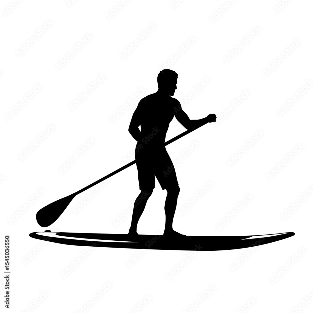 Fototapeta premium Silhouette of a male paddle boarder balancing and paddling on a stand up paddle board, showing outdoor water activity and adventure