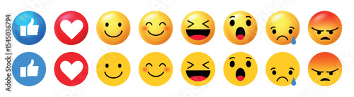 A set of 12 social media reaction emojis in 3D and flat styles, including like, love, happy, sad, wow, and angry. Perfect for digital communication, UI elements, and messaging apps.