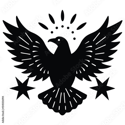 Stylized black bird with wings spread and stars