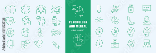 Psychology and mental icons set. Containing depression, anxiety, stress, mental care, empathy, loneliness, bipolar, PTSD, psychology symbol, panic, mind disorder and more. Vector illustration