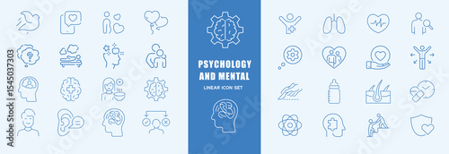 Psychology and mental icons set. Containing depression, anxiety, stress, mental care, empathy, loneliness, bipolar, PTSD, psychology symbol, panic, mind disorder and more. Vector illustration
