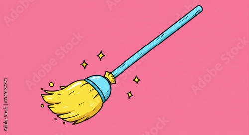 Illustration of a cartoon broom with sparkles on a pink background, evokes cleanliness