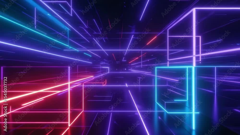 Futuristic neon grid tunnel animation with glowing lines and perspective depth, symbolizing digital space, virtual reality, or cyber technology.
