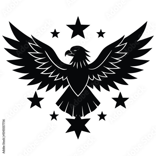 Black eagle with wings spread surrounded by stars