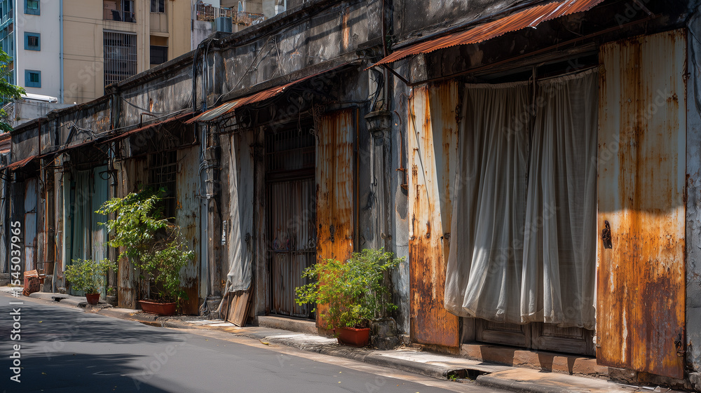 A quiet urban alley with rusted metal shutters and linen-draped windows blending decay with soft elegance A quiet urban alley with rusted metal shutters and linen-draped windows blending decay with soft elegance