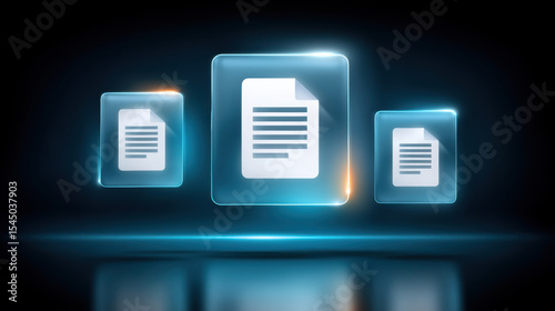 Document icon glowing with blue light in futuristic style for e commerce digital file concept