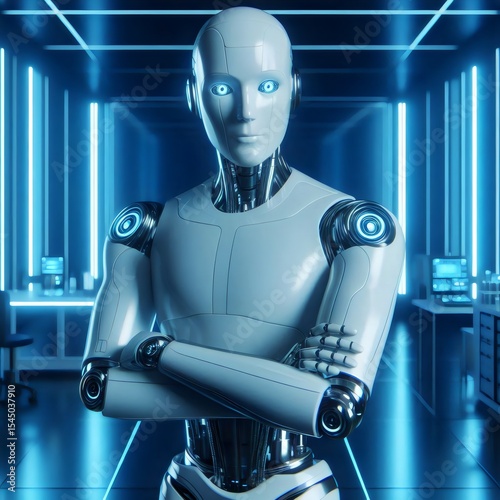 A white humanoid robot with blue eyes stands with arms crossed in a futuristic laboratory