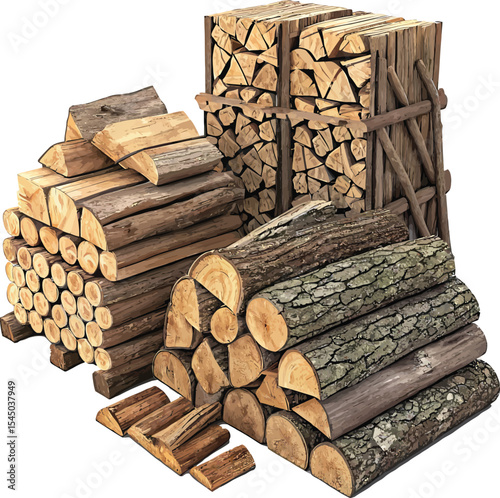 A rustic pile of natural brown firewood logs, expertly stacked for winter fuel in the forest