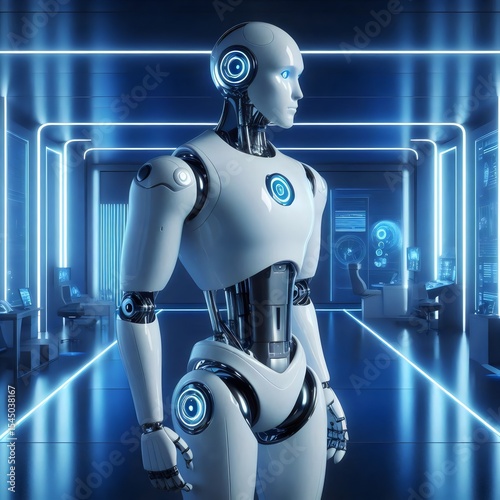 A white humanoid robot stands in a futuristic laboratory with blue neon lights
