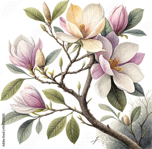 Seamless floral pattern with pink flowers and magnolia leaves, a spring nature design