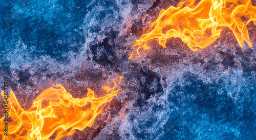 Abstract image of orange flames and blue ice, contrasting textures creating a dynamic visual, symbolizing opposing forces, perfect for energy or conflict concepts
