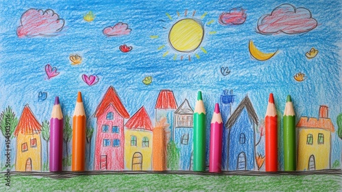 Colorful Childrens Doodle with Crayons and Whimsical Elements