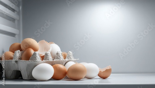Eggs in Carton on Fridge Shelf: Brown and white chicken eggs spilled from a cardboard egg carton onto a refrigerator shelf. Some eggs are cracked, adding a touch of rustic charm to the scene.