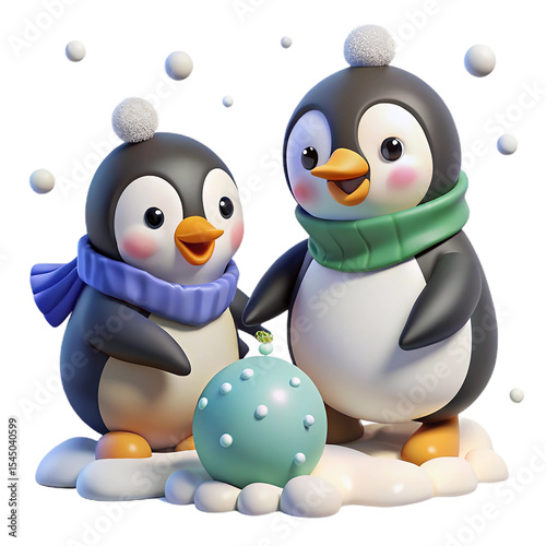 Adorable 3D Render of Two Penguins with a Holiday Ornament in Snowy Scene