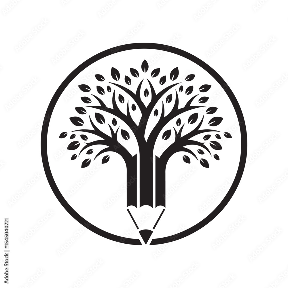 Naklejka premium Black Tree Shaped as Pencil Inside Circle Logo leaves