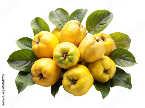 Pile of fresh quince fruits surrounded by green leaves on white background