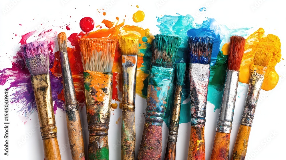 Fototapeta premium Colorful Paint Brushes and Splashes on White Background, Generative Ai