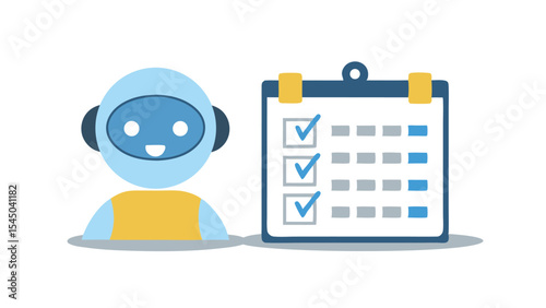 A light blue robot with a yellow vest next to a checklist with three items marked as complete