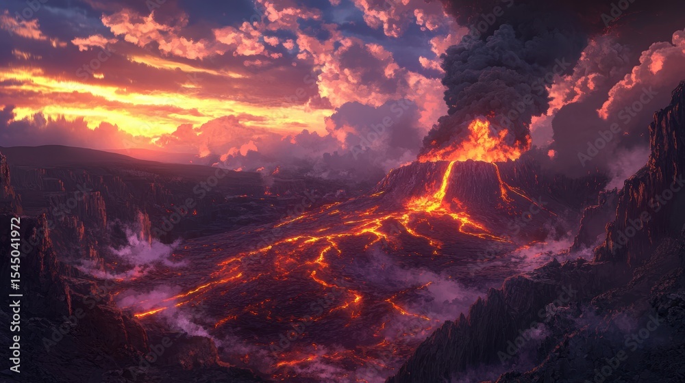 Fototapeta premium Dramatic Volcanic Eruption Scene at Sunset with Lava Flowing into a Volcanic Valley