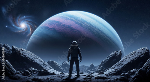 Astronaut on alien planet, gazing at a large blue exoplanet and a spiral galaxy. Scene evokes exploration, discovery, and the vastness of space