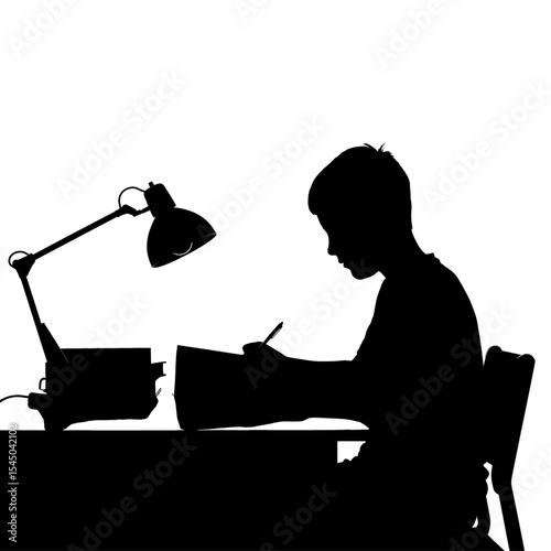 Black silhouette child studying desk young student figure reading books education learning