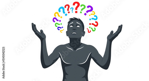 Silhouette of a person with arms outstretched, surrounded by colorful question marks, illustrating uncertainty, contemplation, or seeking answers